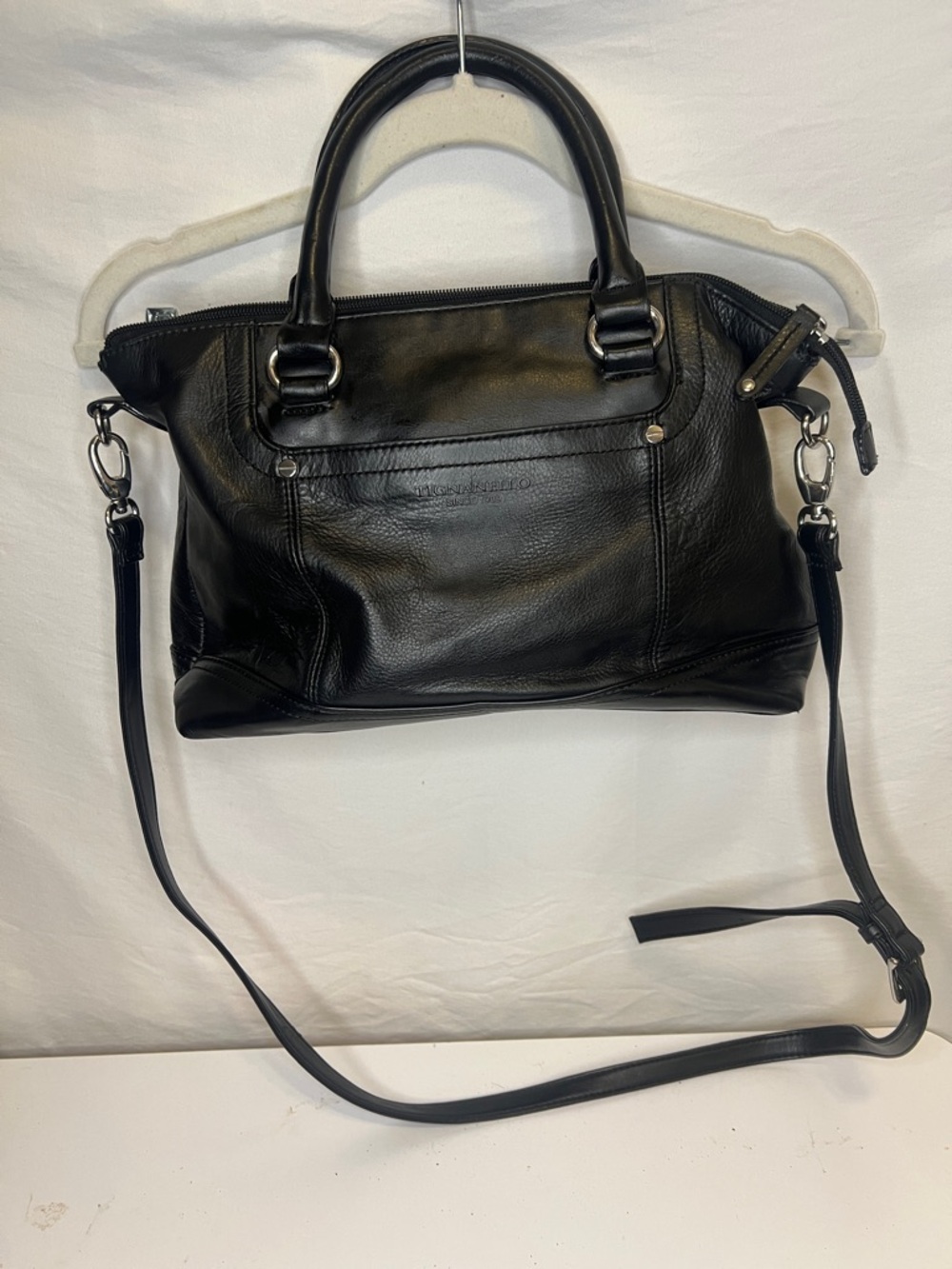 Tignanello Black Leather Satchel with Detachable Strap